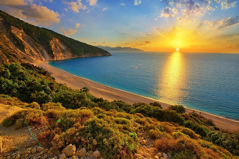 Kefalonia, Greece, view, beautiful, sunset, beach, sunrise, sea, island, bay, reflection, HD wallpaper