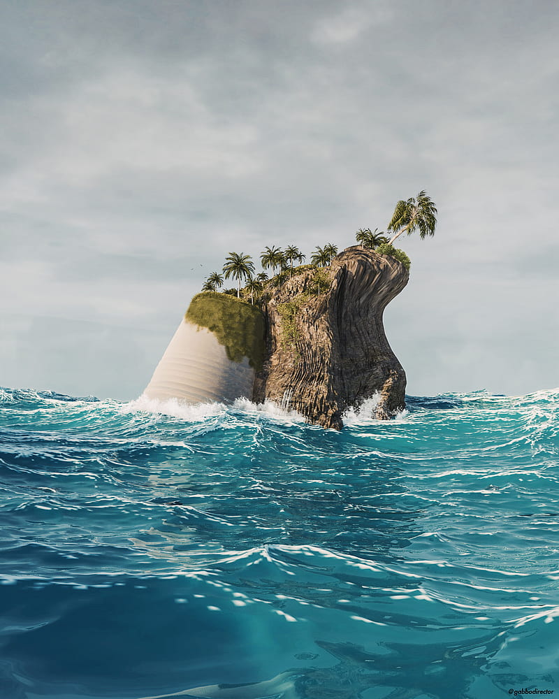 island, palm trees, sea, waves, 3d, HD phone wallpaper