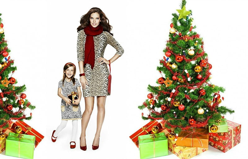 Emily Didonato, red, model, orange, christmas, black, box, by cehenot, gift, woman, tree, girl, green, child, fir, white, HD wallpaper