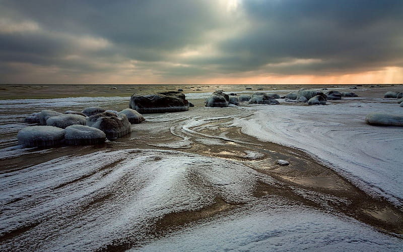 Baltic Sea by Mersrags, Latvia, stones, Latvia, clouds, sea, winter, HD wallpaper