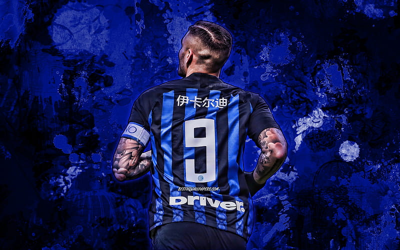 Mauro Icardi, back view, blue paint splashes, Inter Milan FC, grunge art, Serie A, Italy, argentinean footballers, Mauro Emanuel Icardi, soccer, football, Internazionale, HD wallpaper