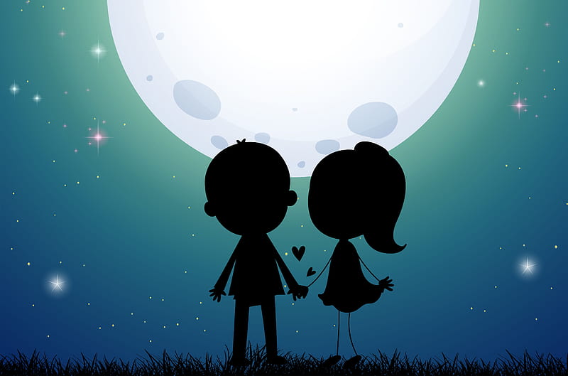 HD wallpaper: silhouette photo of boy and girl under the moon