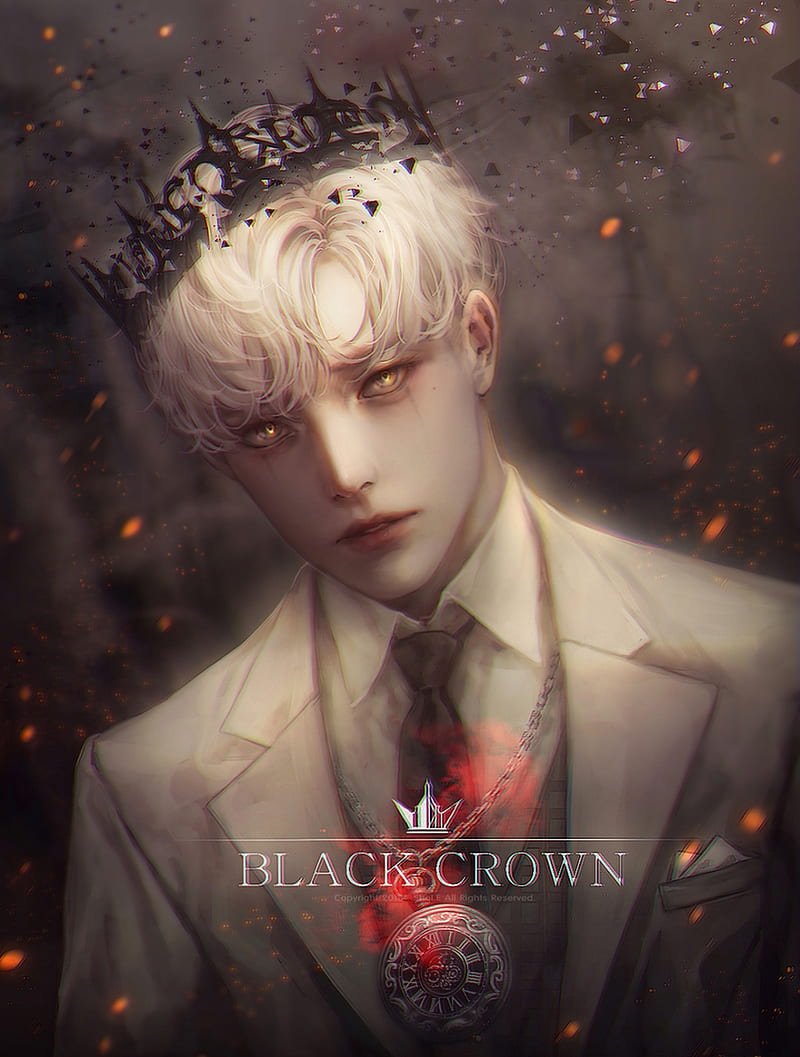 crown, white clothing, yellow eyes, suits, white hair, anime boys, necktie, neckties, anime, Pixiv, Shal. E, HD phone wallpaper