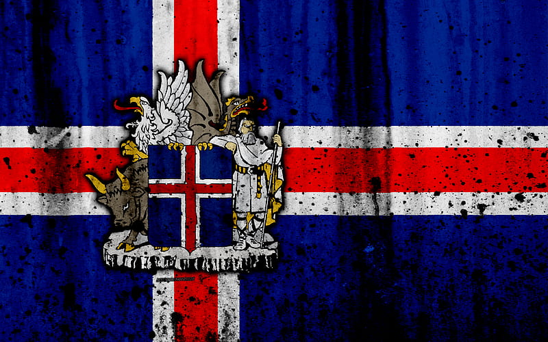 Icelandic flag grunge, flag of Iceland, Europe, Iceland, national symbolism, coat of arms of Iceland, Icelandic coat of arms, HD wallpaper