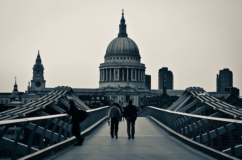 Bridges, London, Building, Bridge, Millennium Bridge, St Paul's Cathedral, , Black & White, HD wallpaper