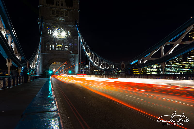 night city, bridge, long exposure, city lights, london, HD wallpaper