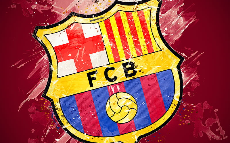 FC Barcelona paint art, creative, Spanish football team, logo, La Liga, The Primera Division, emblem, burgundy background, grunge style, Barcelona, Catalonia, Spain, football, HD wallpaper
