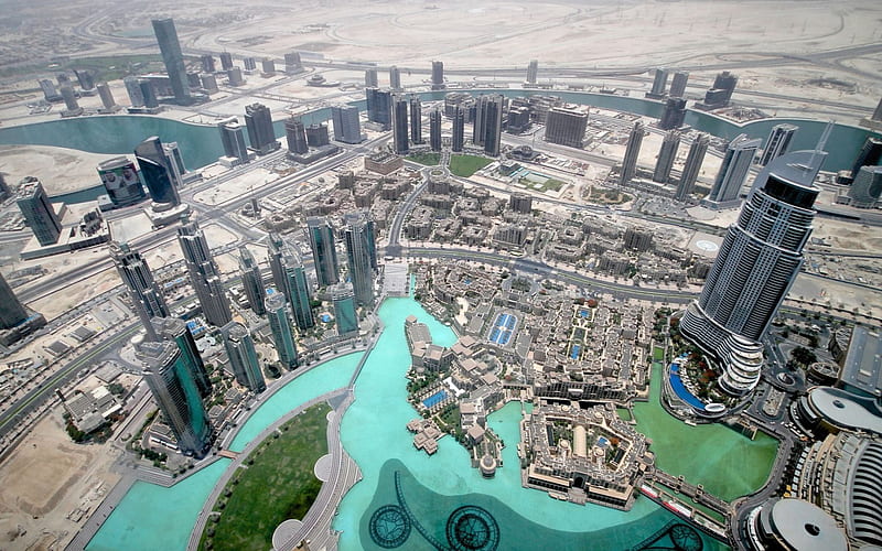 top view of dubai cityscape, waters, city, green, view, skyscrapers, HD wallpaper