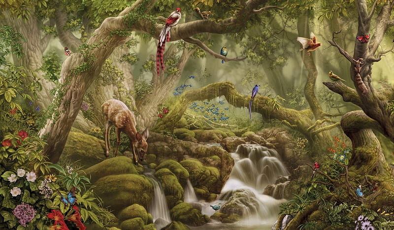 Enchanted Forest 2, forest, stream, fantasy, Deer, peaceful, birds, Enchanting, HD wallpaper