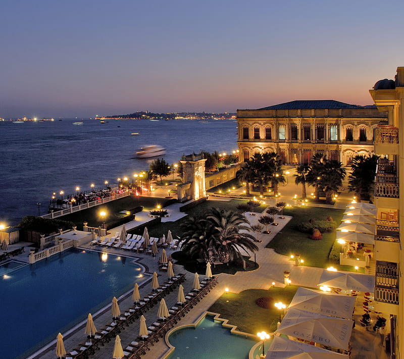 Decor, building, hotel, luxury, ocean, pool, sea, sunset, HD wallpaper
