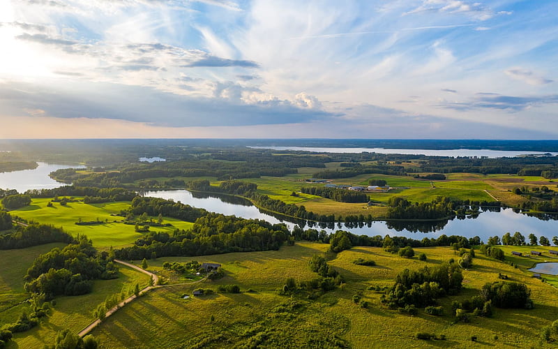 Land of Blue Lakes, Latvia, lakes, aerial, panorama, HD wallpaper
