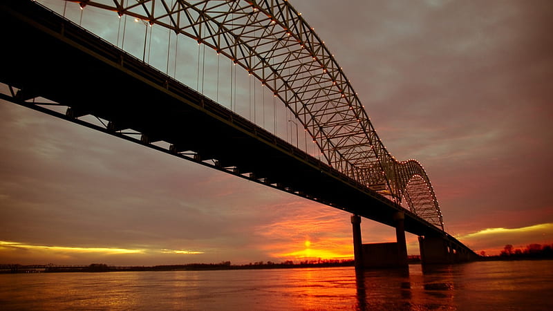 up and over the mighty mississippi, sunset, river, bridge, lights, HD wallpaper