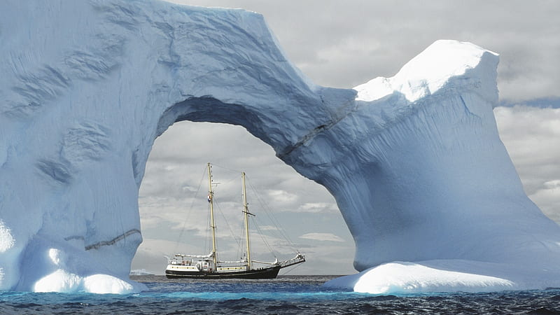 tall ship, ice, arch, ship, antarctic, ocean, HD wallpaper
