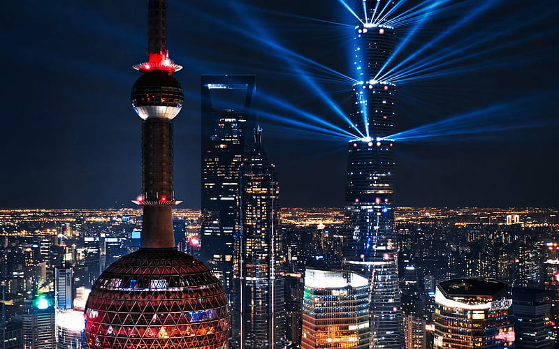 Shanghai, Oriental Pearl Tower, Shanghai World Financial Center, night, skyscrapers, business centers, metropolis, lights, China, HD wallpaper