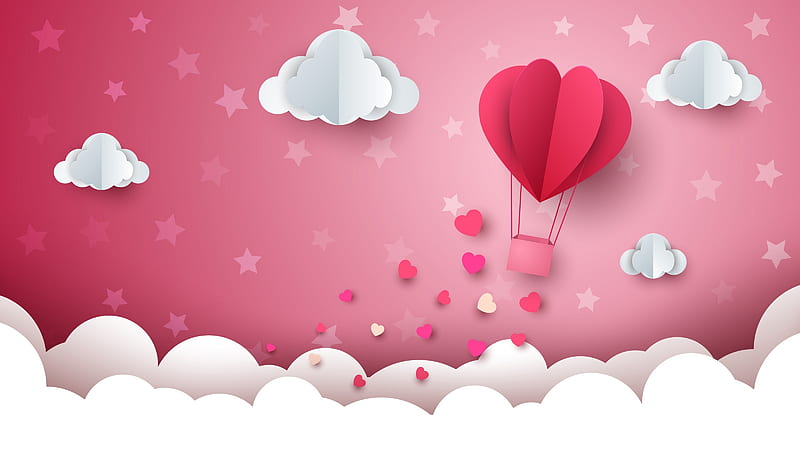 Happy Valentine's Day!, cloud, valentine, sky, card, hot air balloon, heart, texture, paper, pink, white, HD wallpaper