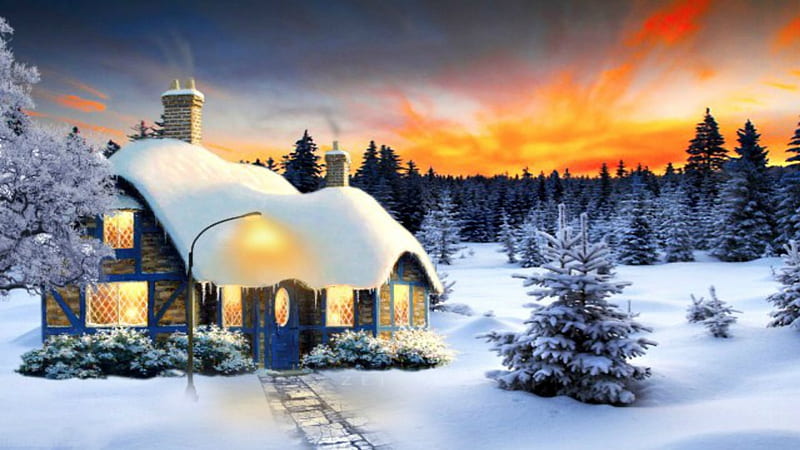 ~*~ Winter Wonderland ~*~, winter sunset, winter wonderland, christmas house, winter house, HD wallpaper