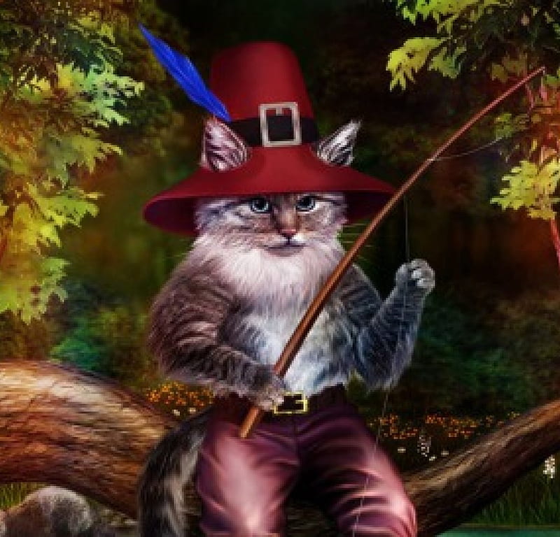 A Fisherman, tree, painting, funny, cat, trousers, artwork, hat, HD wallpaper