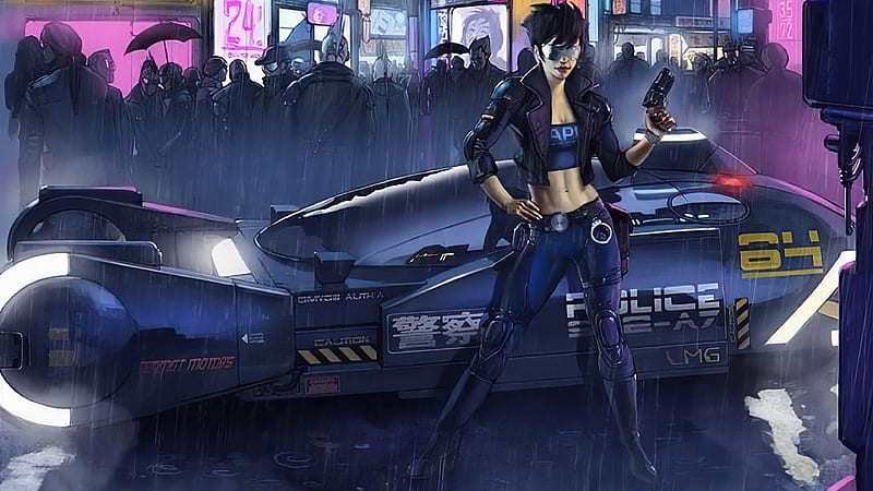Cyber Police Girl With Gun , cyberpunk, scifi, artist, artwork, digital-art, HD wallpaper
