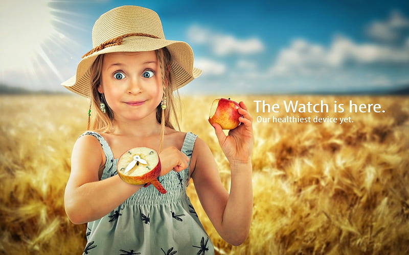 The watch is here, john wilhelm, red, yellow, fruit, watch, child, blue eyes, apple, blonde, clock, lou, hat, cute, girl, summer, copil, field, HD wallpaper