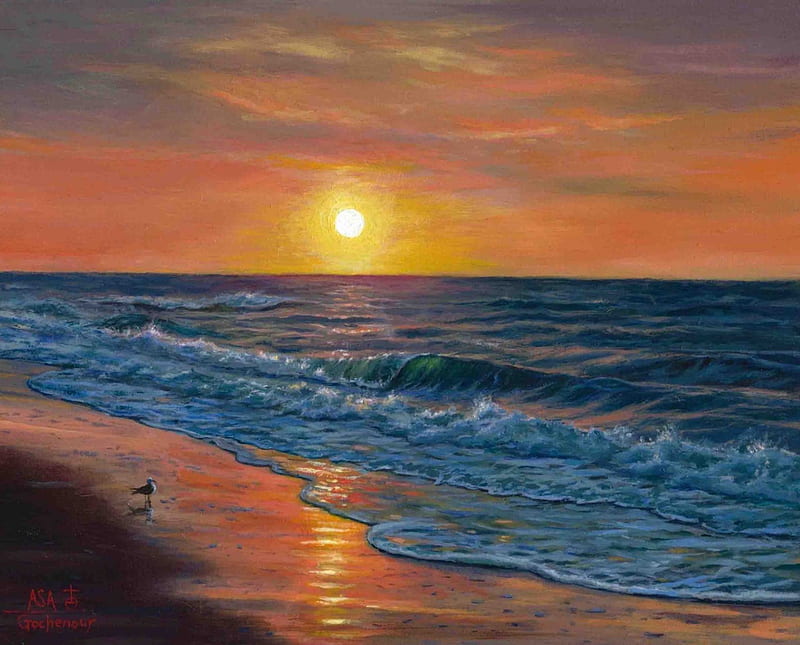 Good Morning, beach, sun, painting, colors, sunset, artwork, sea, HD wallpaper