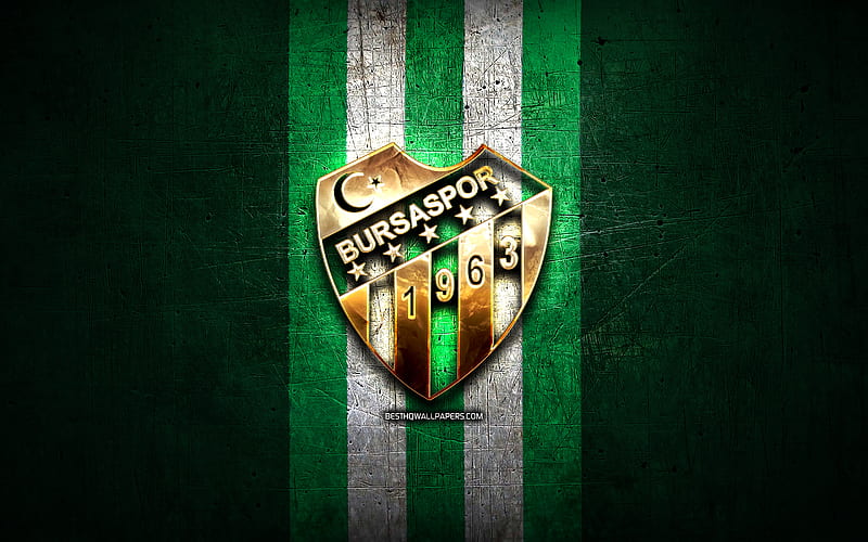 Bursaspor FC, golden logo, 1 Lig, green metal background, football, Bursaspor, turkish football club, Bursaspor logo, soccer, Turkey, HD wallpaper