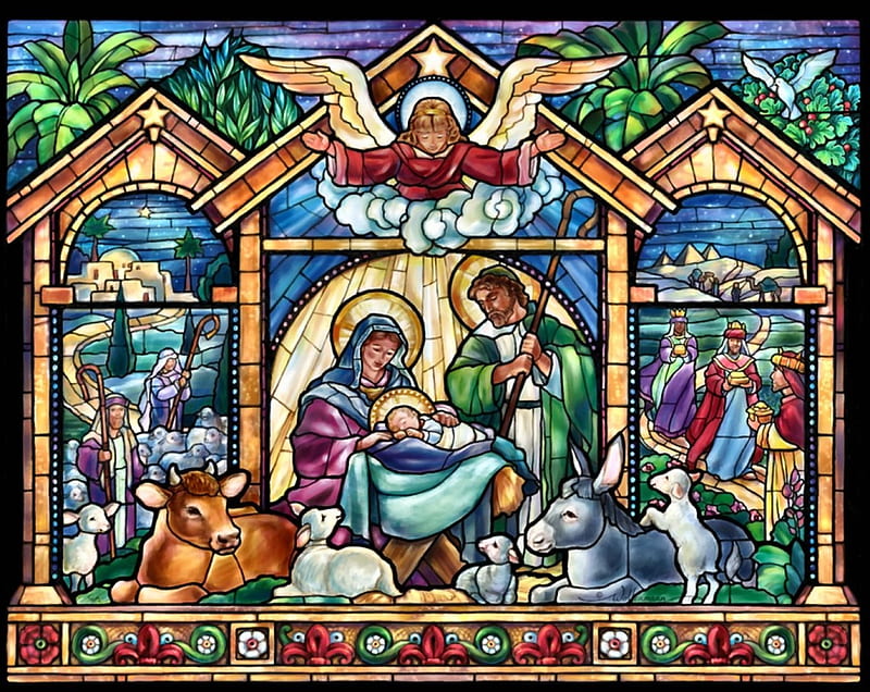 Stained Glass Nativity F2mp, Christmas, art, Nativity, holiday, stained glass, December, bonito, illustration, artwork, winter, snow, painting, wide screen, occasion, scenery, HD wallpaper