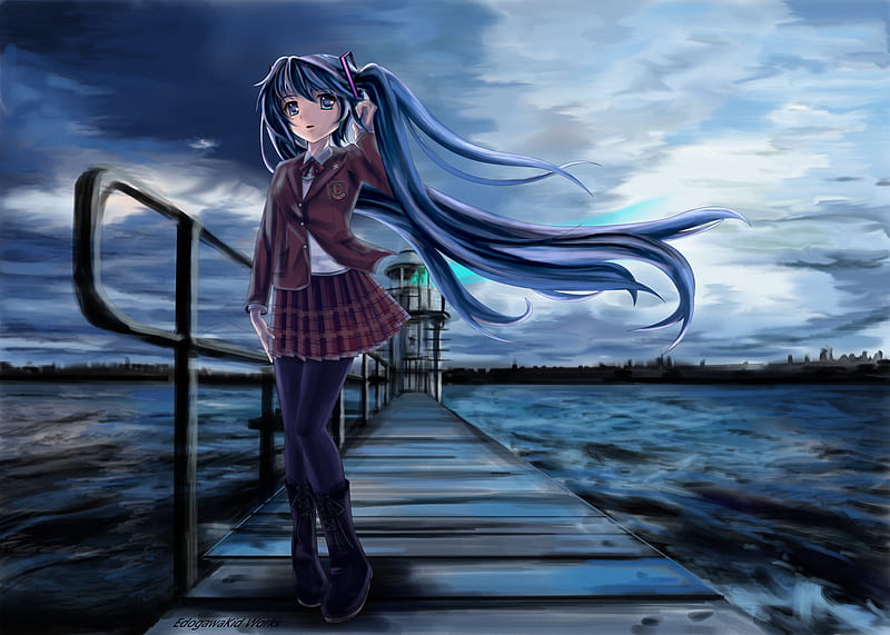 Hatsune Miku, sun, nice, aqua, anime girl, realistic, art, twintail, sexy, singer, aqua eyes, lighthouse, headset, school, hatsune, white, idol, artistic, red tie, headphones, bonito, white clouds, thighhighs, city, program, painting, scenery, blue, horizon, music, pier, skyscrapers, pond, song, uniform, drawing, virtual, nature, blue sky, pretty, pose, clouds, anime, beauty, vocaloids, school uniform, buildings, real, black, miku, skirt, trees, sky, abstract, cute, water, cool, awesome, glow, hot, light, vocaloid model, sunlight, diva, lake, microphone, 3d, girl, aqua hair, HD wallpaper