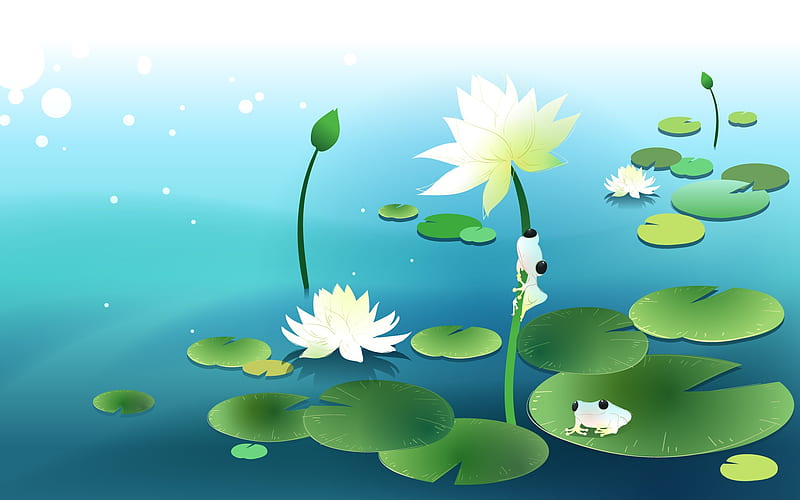 Tinie Frogs, pond, frogs, green, water lily, blue, HD wallpaper