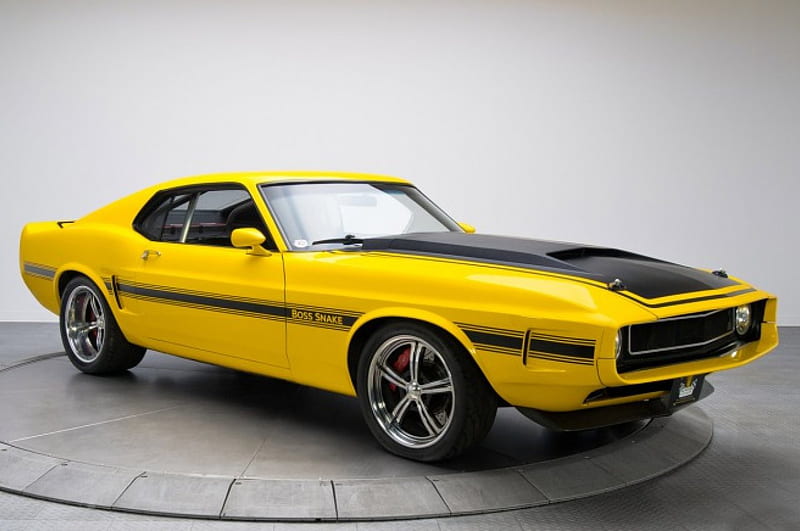 1970-Ford-Mustang-Boss-Snake, Classic, Yellow, Black Stripe, 1970, HD wallpaper