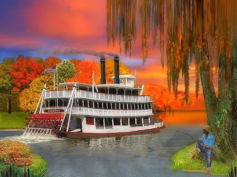Riverboat of Autumn, tree, sunset, sky, colors, steamer, clouds, HD wallpaper