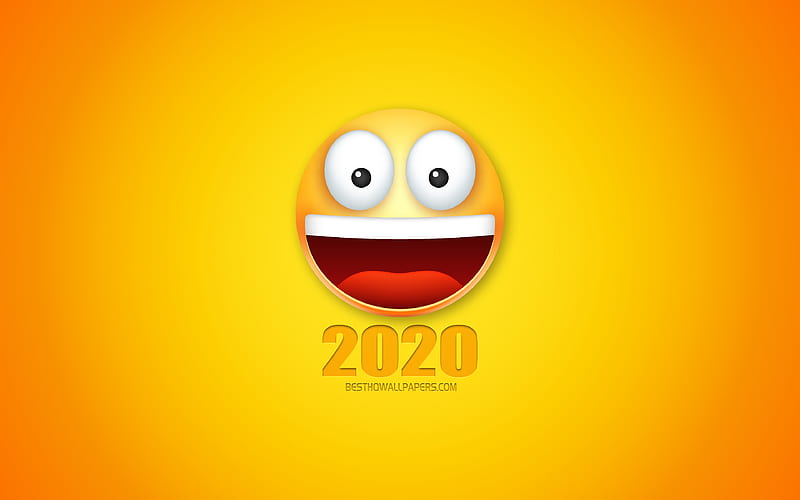 New Year 2020, creative 2020 art, 2020 funny art, 2020, happy new year 2020, yellow background, emotions, 2020 concepts, holidays, 3d smile, 2020 new year, HD wallpaper