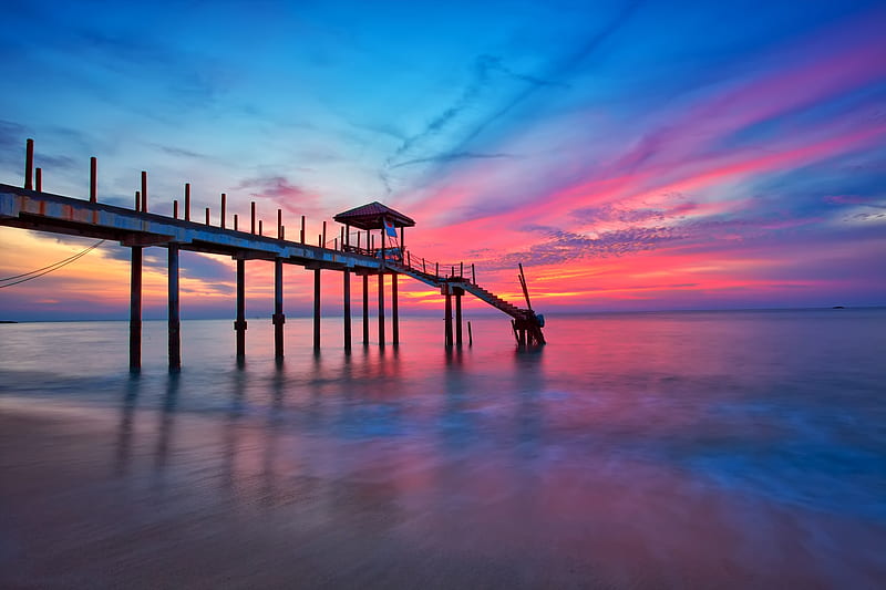 Sunset, bridge, summer, pink, sky, blue, sea, beach, vara, water, HD wallpaper
