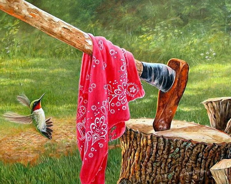Ooops..!, chopping block, painting, scarf, Hummingbird, artwork, axe, HD wallpaper