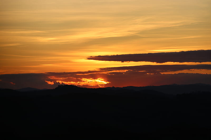 silhouette of mountain under orange skies, HD wallpaper