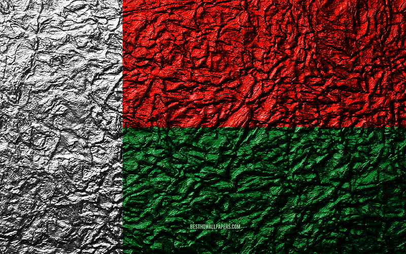 Flag of Madagascar stone texture, waves texture, Madagascar flag, national symbol, Madagascar, Africa, stone background, HD wallpaper