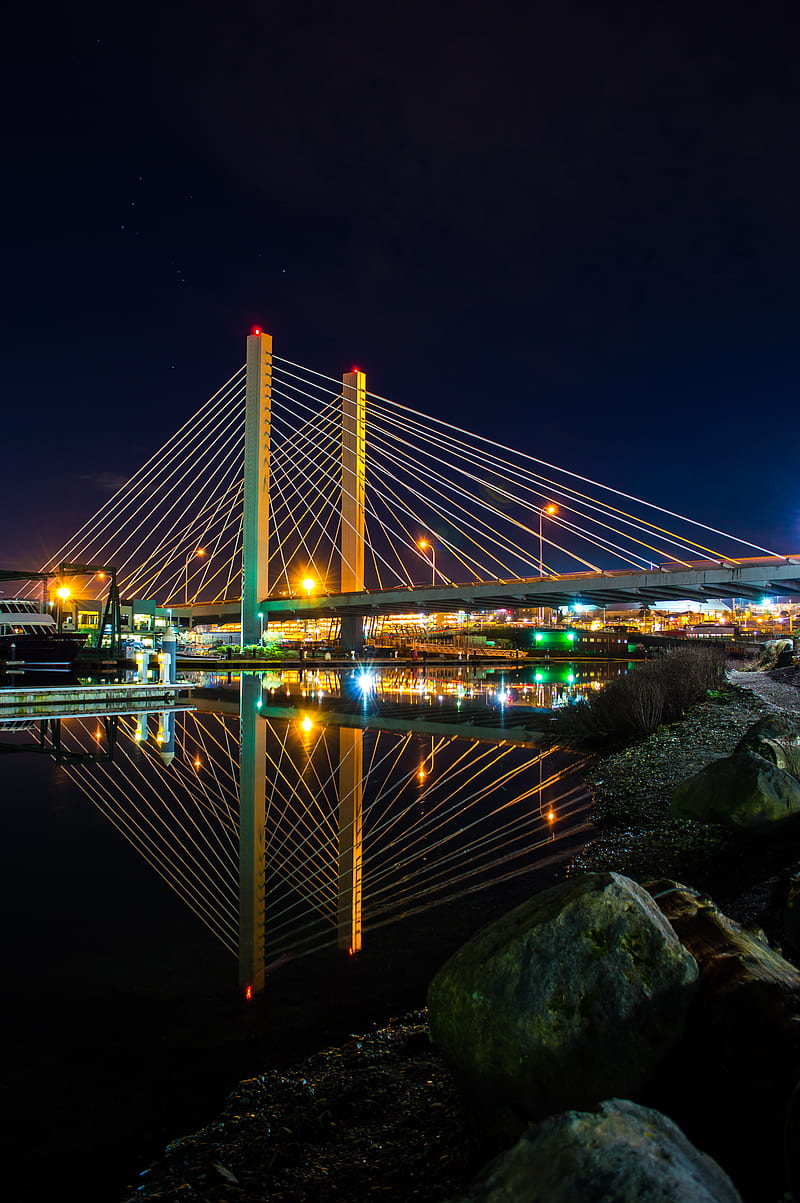 Tacoma 21st Bridge, city, golden, long exposure, modern, night, reflection, vaperwave, water, HD phone wallpaper
