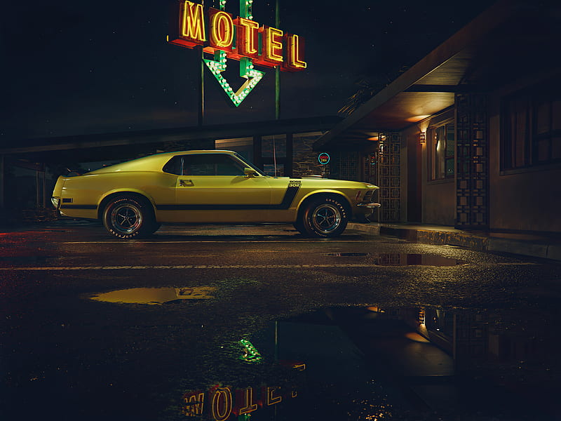 Mustang Outside Motel, ford-mustang, carros, behance, HD wallpaper