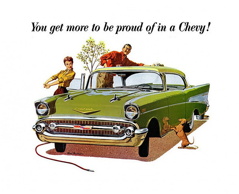 Vintage Chevy Ad, art, chevy, 1957, old, advertisement, antique, bel, air, chevrolet, drawing, car, painting, ad, classic, 57, vintage, HD wallpaper