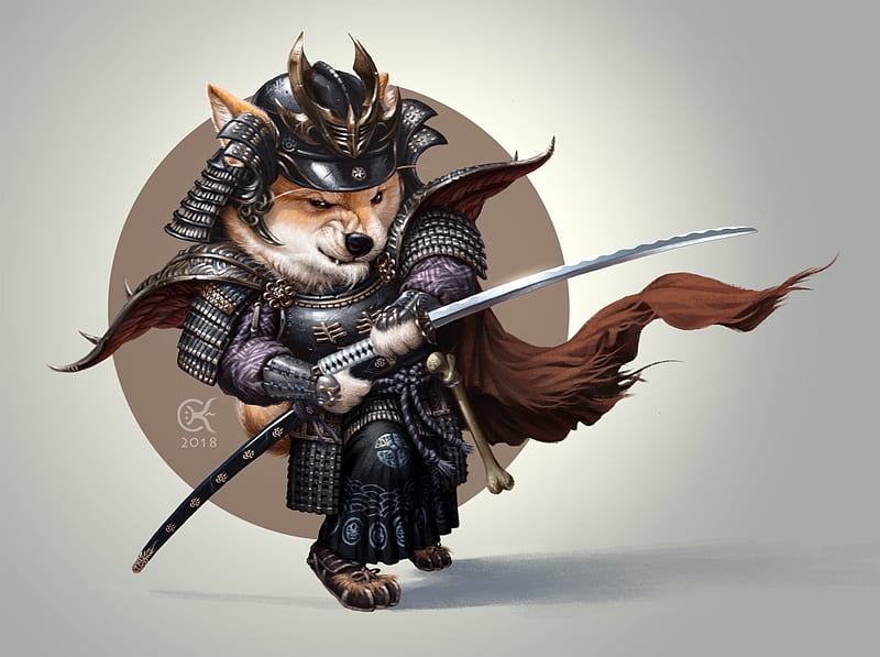 Shimurai, armor, art, samurai, s word, caine, funny, chalky nan, dog, katana, HD wallpaper