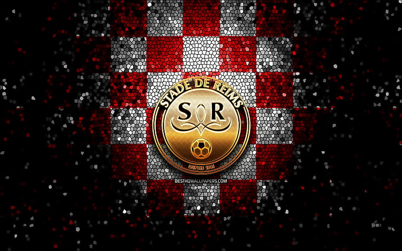 Stade de Reims FC, glitter logo, Ligue 1, red white checkered background, soccer, Stade de Reims, french football club, Stade de Reims logo, mosaic art, football, France, HD wallpaper