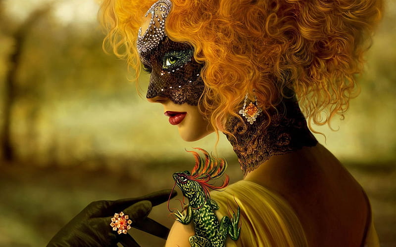 fantasy, mask, red-haired beauty, art, HD wallpaper