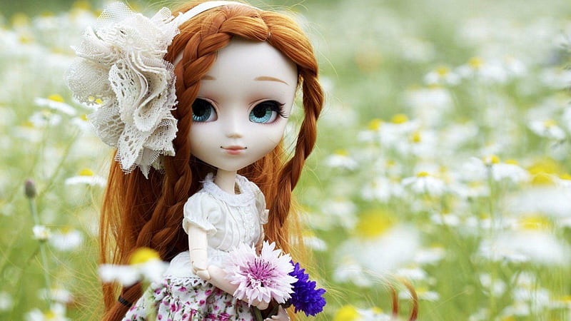 Girl Toy With Blue Eyes In Shallow Background Of Flowers Doll, HD wallpaper