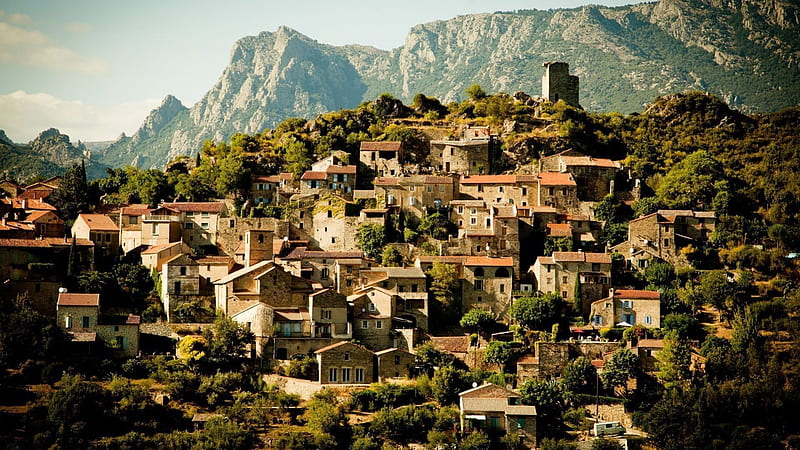 ancient french mountain village, village, red roofs, old, mountains, HD wallpaper
