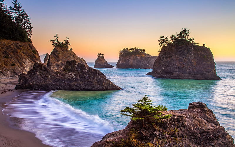 Morning, sunrise, ocean, coast, waves, rocks, USA, Oregon, Pacific Ocean, HD wallpaper