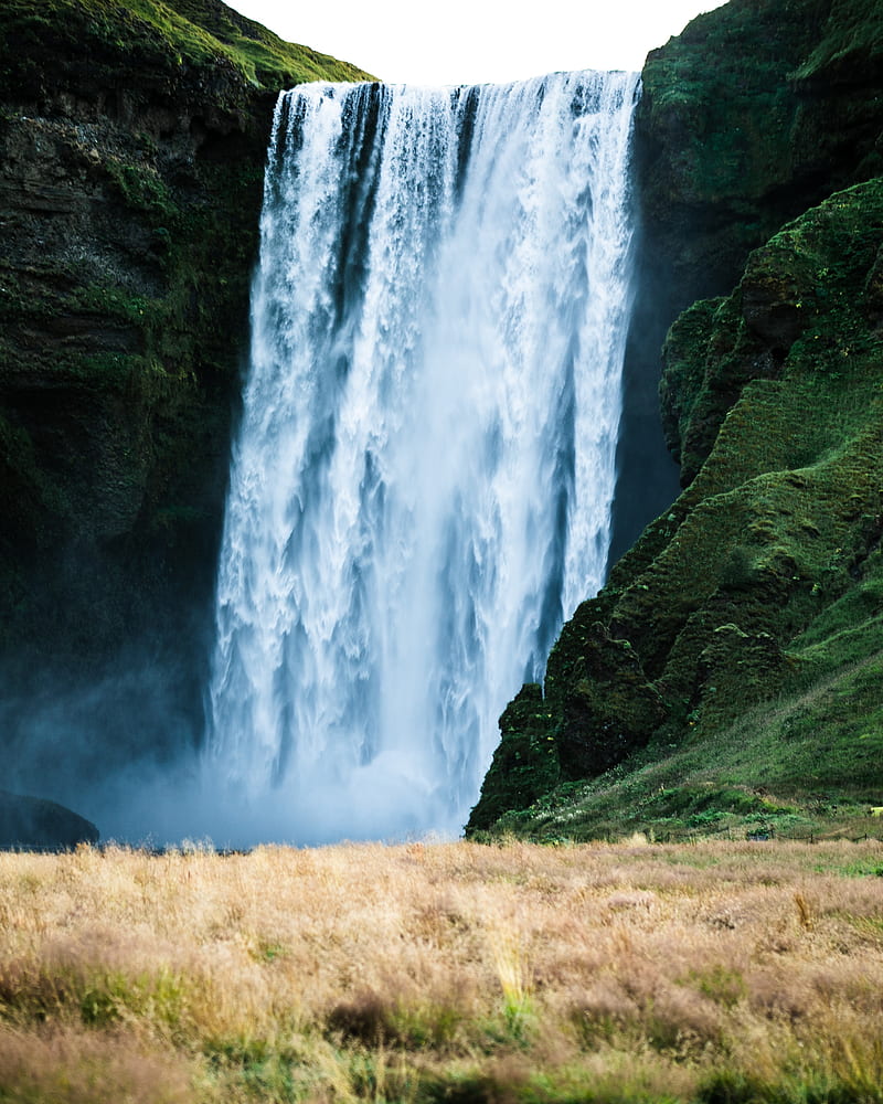 waterfall, spray, grass, HD phone wallpaper