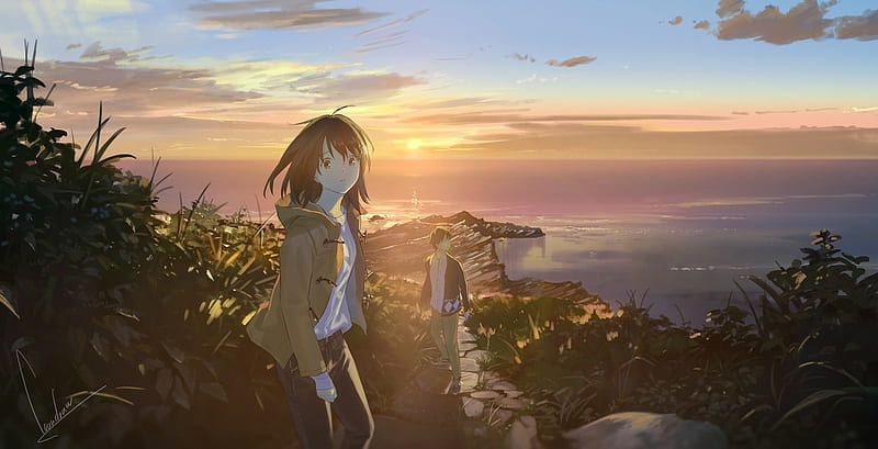 Download Anime Couple Kiss During Beautiful Sunset Wallpaper