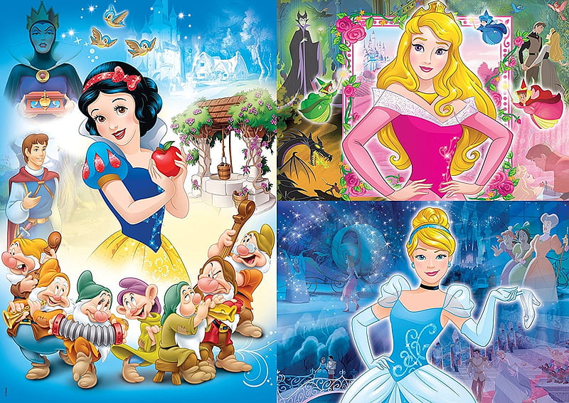 Disney princesses, aurora, snow white, collage, cinderella, fantasy, girl, child, princess, pink, dwarf, disney, blue, HD wallpaper