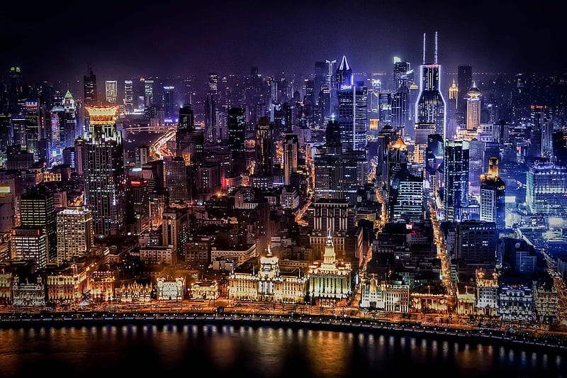 port, lights, shanghai, night, skyscrapers, city, HD wallpaper