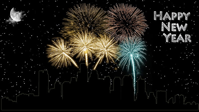Happy New Year, Celebration, Fireworks, Moon, New Year, Cityscape, City, Night, HD wallpaper
