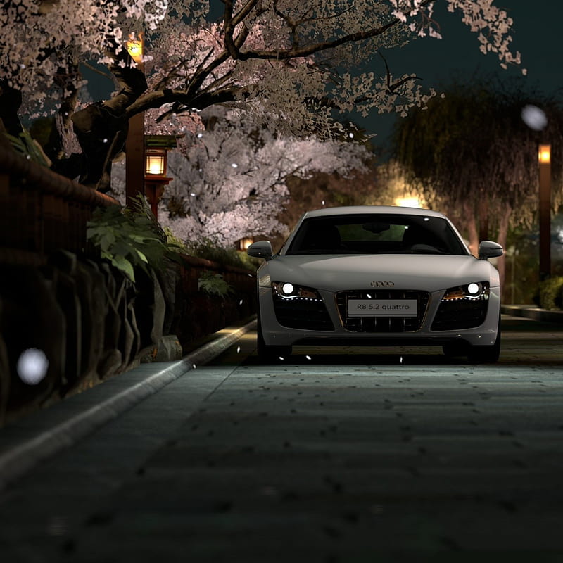 R8 in Japan gt5, auto, autos, car, carros, igalaxytj, night, white, HD phone wallpaper